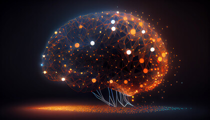 Neural network AI illustrated, virtual neurons as lights, AI generative