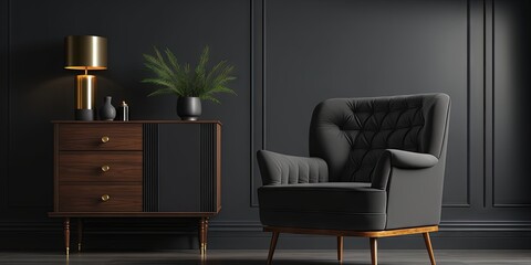 This modern living room interior features a luxurious dark background with a grey armchair and wooden chest drawer, Generative AI