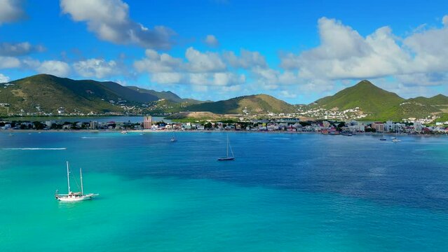 Sail boats in Port of St Maarten, Sint Maarten Island.
