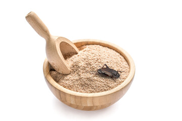 Cricket powder insects for eating in wooden bowl, isolated on white background. Cricket flour. Close up. Source of protein. Organic food of the future. Entomophagy concept. Selective Focus