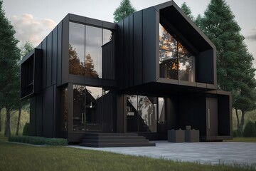 Fototapeta na wymiar Modern black house in the woods - Generative AI