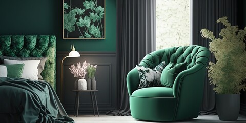 This bedroom interior has a modern style, featuring a stylish green armchair, Generative AI