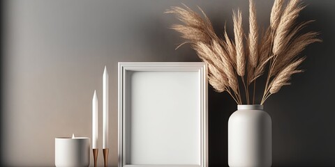 A vertical wooden frame with a vase of pampas grass, a candle, and a marble console on a gray wall background, Generative AI