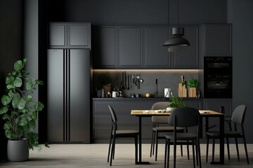 Modern black kitchen interior - Generative AI