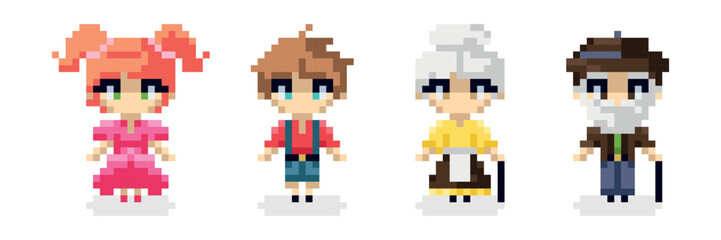 Set of colorful pixel people in cartoon style. Game character. Vector illustration of cute pixel girl and boy, grandma and grandpa isolated on white background.