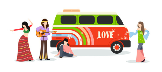 Vector illustration of the hippie subculture on a white background. Charming characters boys and girls near the bus in hippie clothes, playing on the guitar, traveling in a cartoon style. - obrazy, fototapety, plakaty