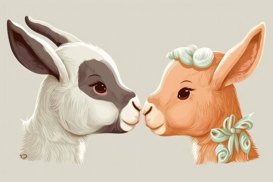 Baby goat and white rabbit snuffle noses. Generative AI