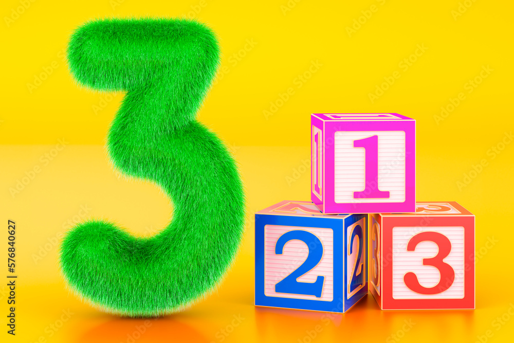 Poster kids fluffy number 3 with three abc cubes, 3d rendering