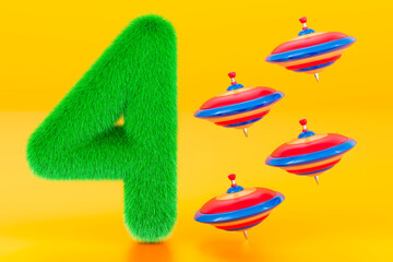 Kids fluffy number 4 with four whirligig tops, 3D rendering
