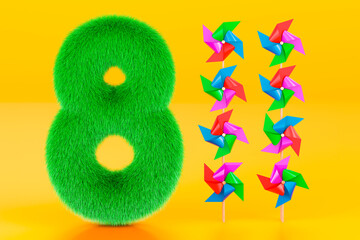Kids fluffy number 8 with eight pinwheels, 3D rendering