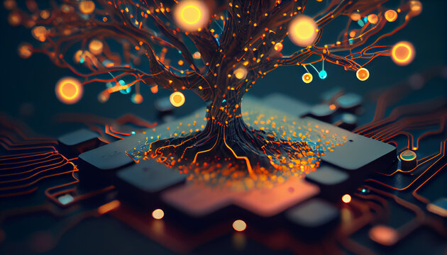 AI, Artificial neural network illustrated, tree with virtual neuron lights, communicating, AI generativ 