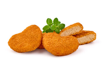 Breaded chicken nuggets, isolated on white background.