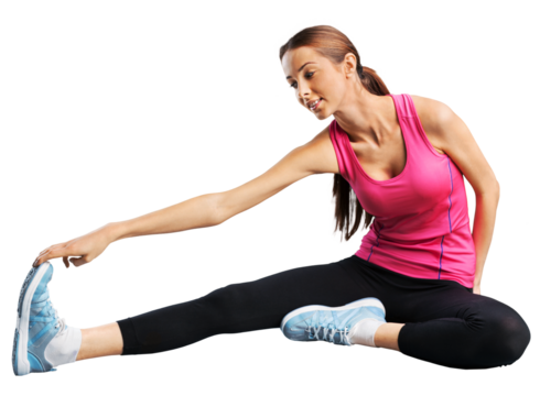 Fit woman doing stretching exercises and smiling