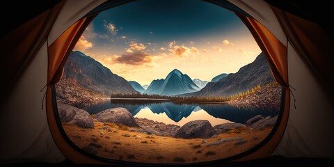 Fototapeta na wymiar View from tent to beautiful mountain landscape with lake and the dawn sun, concept of Vastness and Peacefulness, created with Generative AI technology