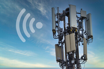 cell phone tower receiving transmit energy connecting wifi fast online web generation metropolis...