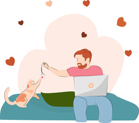 Vector illustration for National Pet Month, cat fidelity day, cat day. Man with laptop  sitting on sofa and playing with cat. 