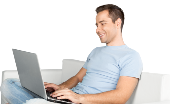 Portrait of young man using laptop isolated on white background