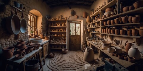 Pottery studio with pottery wheel kiln and shelves filled with various ceramic creations, concept of Craftsmanship and Artistry, created with Generative AI technology - obrazy, fototapety, plakaty