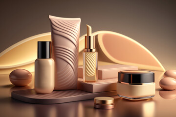 Trendy beige, pastel and cream makeup products mockup on a beautiful background. Generative AI
