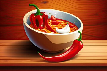 Peppers in a bowl of red hot sauce, with a wooden background. Generative AI