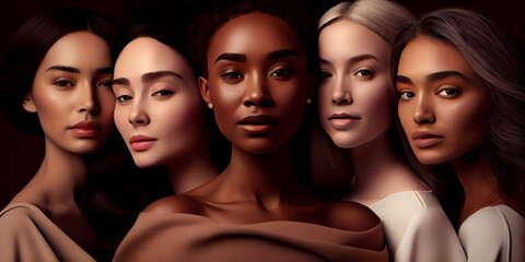 Obraz premium Portrait of multiethnic mixed age range women looking confidently towards camera and smiling. Power and equality concept. Generative AI