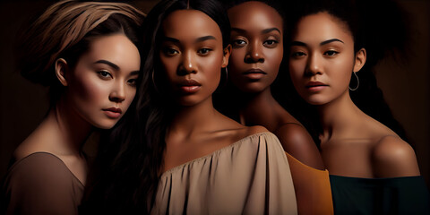 Obraz premium Women diversity, group female portrait with beauty, skincare and different, empowerment and community. Equality of confident young model, natural and wellness with studio background. Generative AI