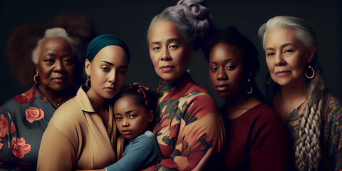 Fototapeta premium Portrait of multicultural group of woman as a symbol of strength, friendship, power. Multiracial, multi generation female family. Generative AI