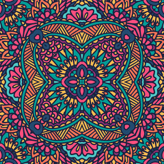 Mandala festival art seamless pattern. Ethnic geometric print. Colorful repeating background texture.