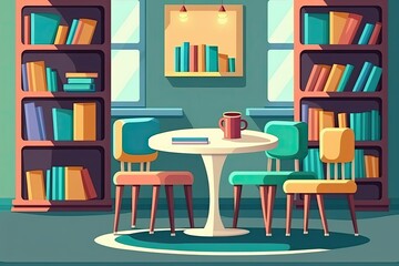 Empty library with tables and chairs. Generative AI