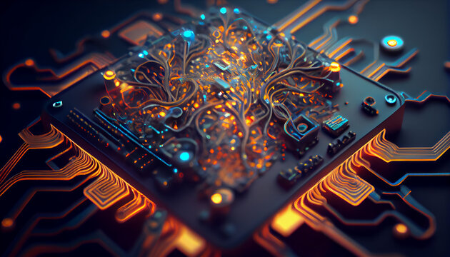 AI, Artificial neural network illustrated, virtual neuron glowing on a circuit board, communicating, AI generativ 