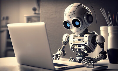 Adorable humanoid robot working on laptop, generative AI