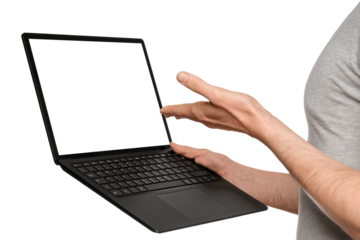 A man in a T-shirt holds a laptop, an ultrabook and points to the screen with his hand.