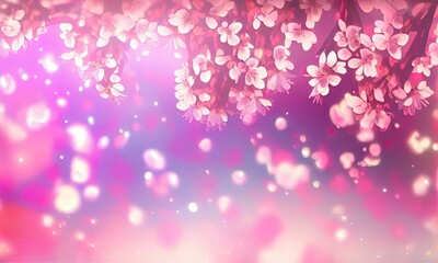 Blooming tree, pink flowers on an abstract background with sunny bokeh, generative AI