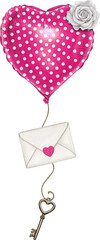 watercolor heart shaped balloon with love envelope and heart key