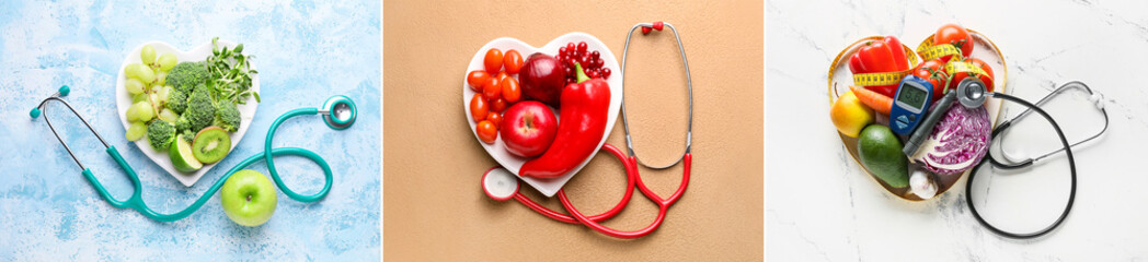 Collage of heart shaped plates with healthy products and stethoscopes on color background