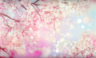 Blooming tree, pink flowers on an abstract background with sunny bokeh, generative AI