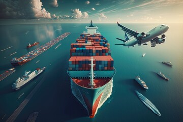 Aerial view and top view cargo plane flying above ship port in the export and import logistics international goods. AI Generation