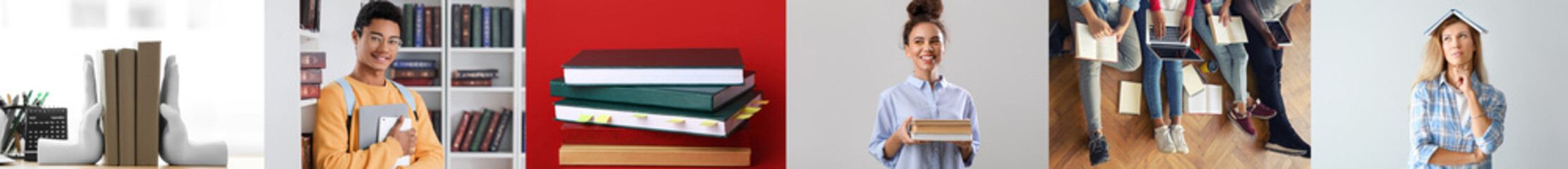 Collage of different people and books