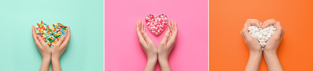Obraz premium Collage of female hands and hearts made of pills on color background