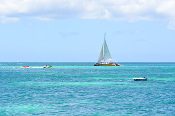 A view on tourist boat  in Aruba, Caribbean sea. Space for text. 