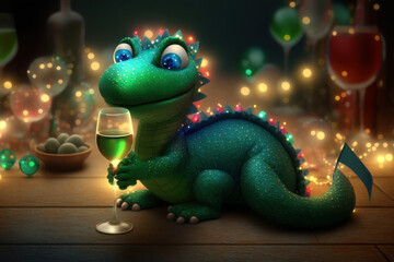 Naklejka premium a small, cute green dragon is celebrating with a glass of champagne. happy New Year. AI Generative