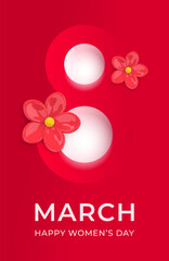 March 8 - Happy Women's Day. International Womens Day Greeting Card. Number 8 cut out of red paper on red with red flowers. Concept of femininity, spring, love. Creative 3d vector illustration