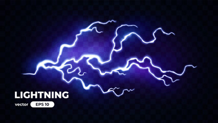 Thunder lightning isolated on black background. Lightnings set. Thunderstorm. Flash light thunderbolt spark. Bright glow and sparkle effect. Realistic transparent lightning. Vector illustration eps10.