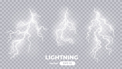 Thunder lightning isolated on transparent background. Lightnings set. Thunderstorm. Flash light thunderbolt spark. Bright glow and sparkle effect. Realistic lightning. Vector illustration eps10.