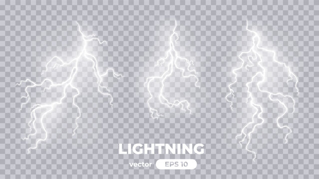 Thunder lightning isolated on transparent background. Lightnings set. Thunderstorm. Flash light thunderbolt spark. Bright glow and sparkle effect. Realistic lightning. Vector illustration eps10.