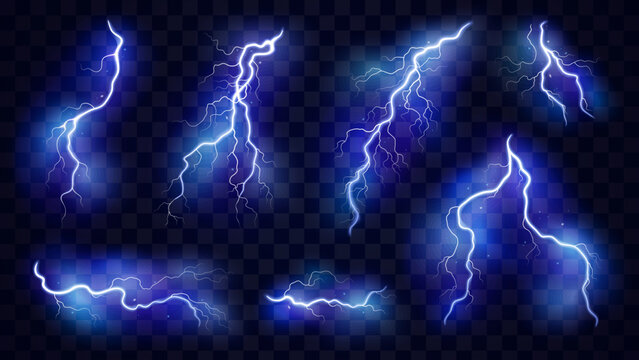 Thunder lightning isolated on black background. Lightnings set. Thunderstorm. Flash light thunderbolt spark. Bright glow and sparkle effect. Realistic transparent lightning. Vector illustration eps10.