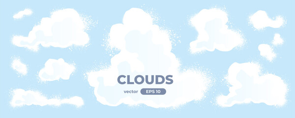 Clouds set isolated on a blue background. SIgns and icons collection. Realistic elements. White color. Simple cartoon design. Flat style vector illustration.