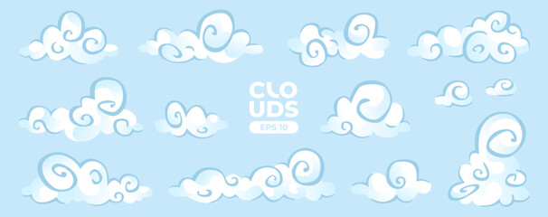 Clouds set isolated on a blue background. Greek culture. Signs and icons collection. Realistic elements. White color. Simple cartoon design. Flat style vector illustration.