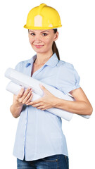 Young woman architect with a hard hat and paper plans