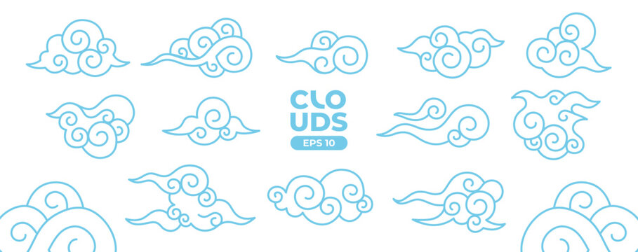 Chinese clouds set isolated on a white background. Line art. Japanese, asian traditional style elements. Signs and icons collection. Blue color. Simple cartoon design. Flat style vector illustration.